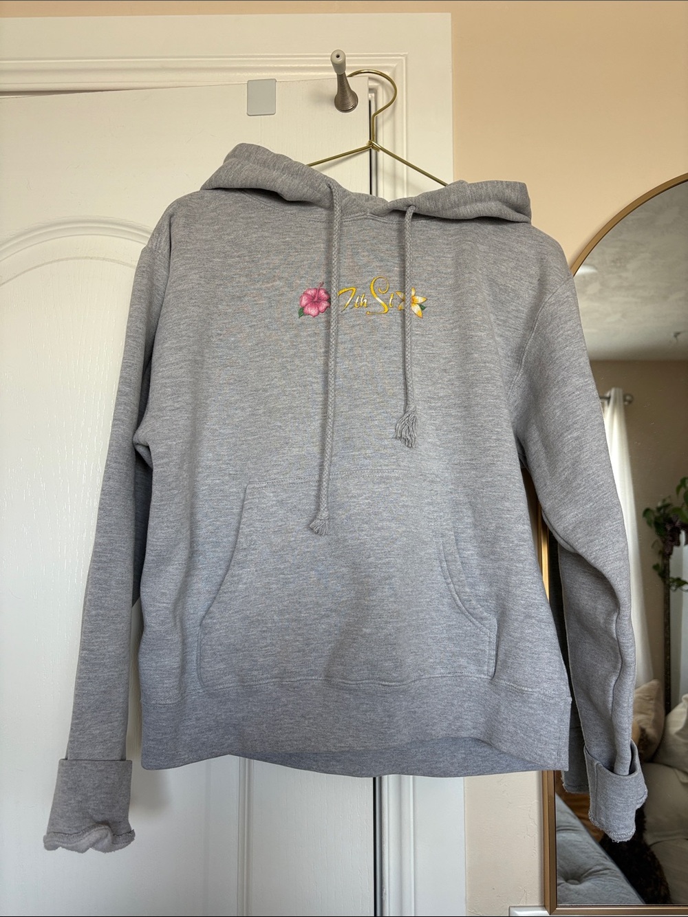 Gray Hooded Pullover Sweatshirt with Floral Accent from Hawaii